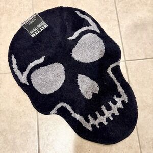 Moonlit Manor Skull Bath Mat Decorative Microfiber Rug Black Gray Halloween